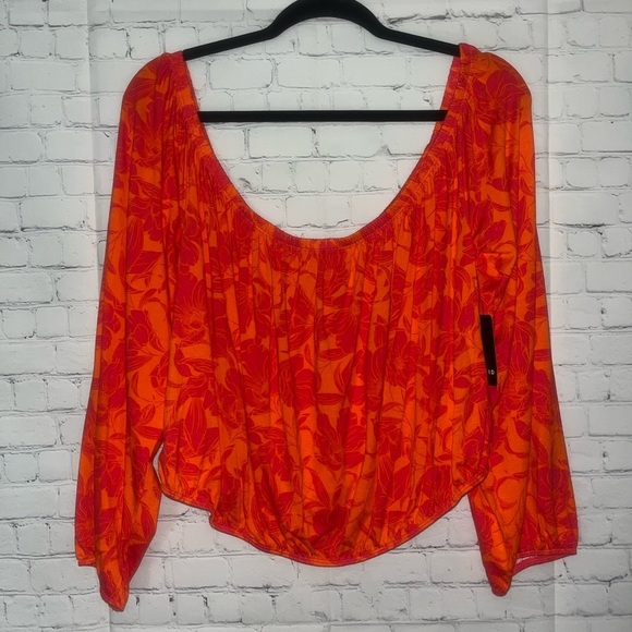 Torrid Women's Floral Print Off The Shoulder Long Sleeve Crop Top Orange Red - Picture 4 of 5